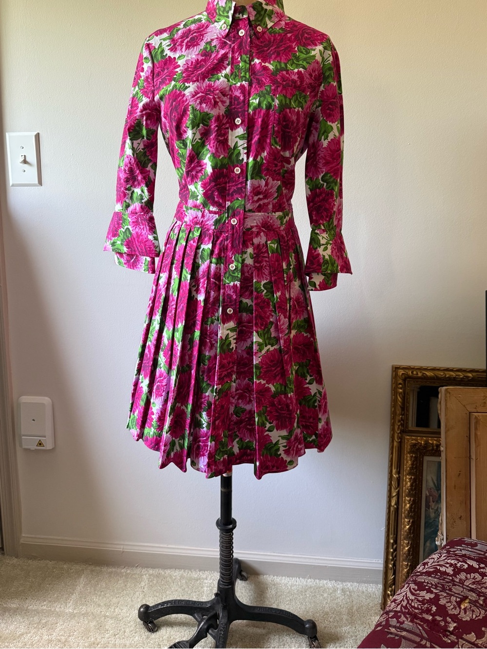Michael Kors Collection Floral Pink and Green Pleated Skater Dress - Picture 2 of 8